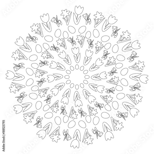 Fototapeta Naklejka Na Ścianę i Meble -  vector black and white circular round easter spring mandala with flowers and eggs - adult coloring book page - tulip, daffodil and white snowdrop