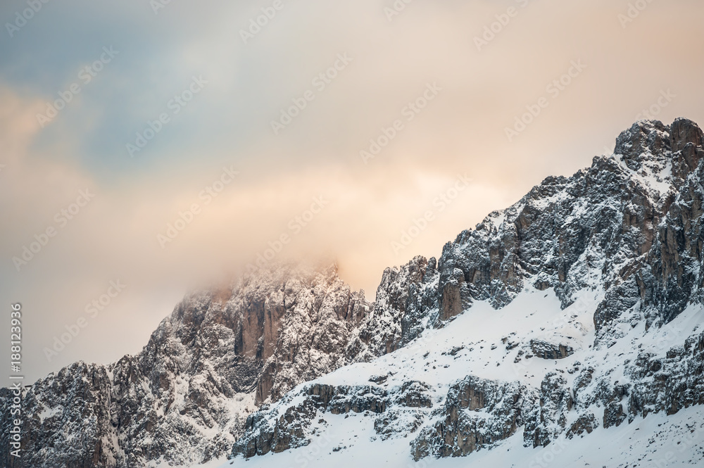 Winter Dolomites at sunrise, Val di Fassa ski resort, Italy