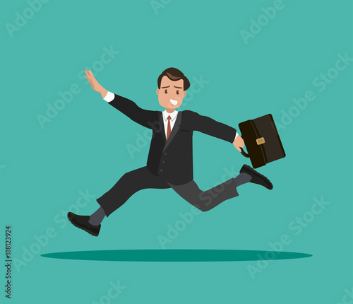 A businessman with a briefcase in his hand is late for work.