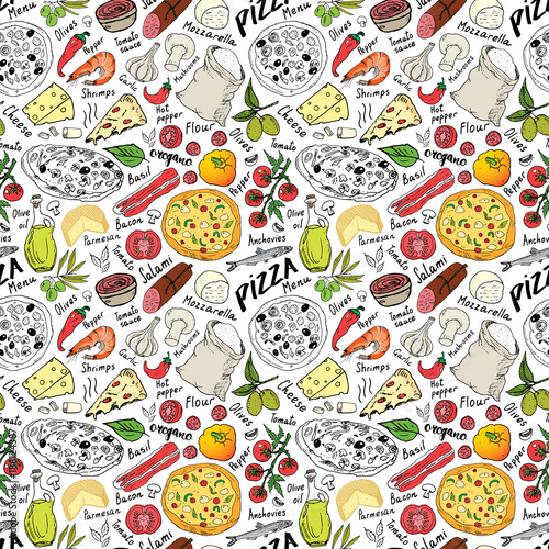 Pizza seamless pattern hand drawn sketch. Pizza Doodles Food background with flour and other food ingredients, oven and kitchen tools. Vector illustration