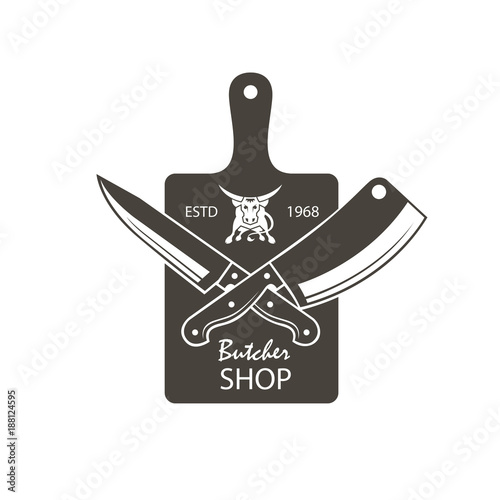 monochrome butcher shop emblem of kithen cutting board, crossed knives and cow