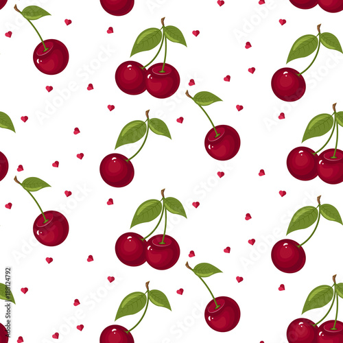 Cute cherry seamless pattern. Good for textile, wrapping, wallpapers, etc. Sweet red ripe cherries isolated on white background.