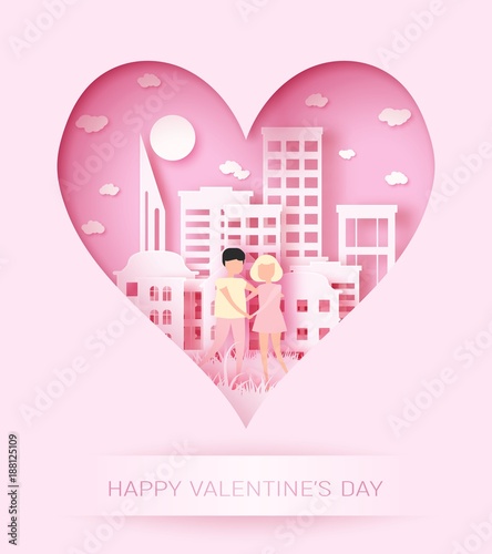 Happy Valentine's day 3d abstract paper cut illustration of colorful paper art landscape with paper cut couple, big city