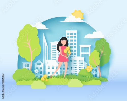 Spring 3d abstract paper cut illustration of colorful paper art landscape with paper cut girl holding flowers