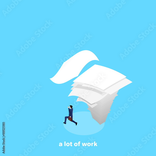 a falling large stack of paper on a runaway man in a business suit, an isometric image