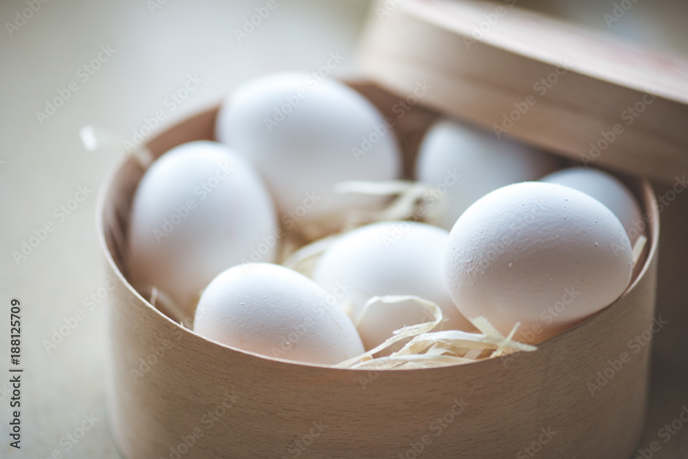 Close-up view of raw chicken eggs