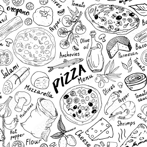 Pizza seamless pattern hand drawn sketch. Pizza Doodles Food background with flour and other food ingredients, oven and kitchen tools. Vector illustration