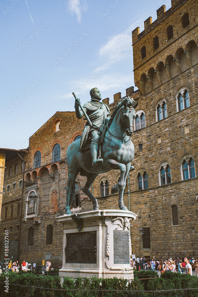 italy, florence, July 19, 2013:Famous Fountain of Neptune on Piazza della Signoria in Florence, Italy