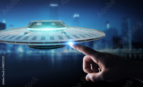 Fototapeta Naklejka Na Ścianę i Meble -  Businessman with retro UFO spaceship 3D rendering