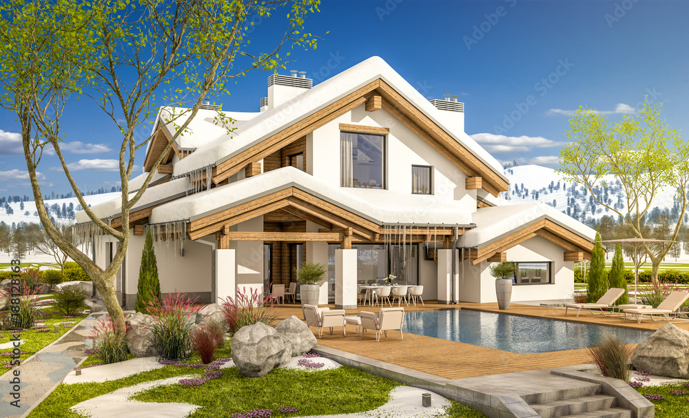 3d rendering of spring modern cozy house in chalet style