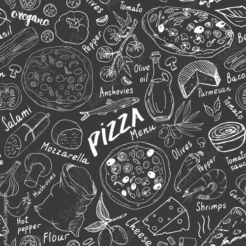 Pizza seamless pattern hand drawn sketch. Pizza Doodles Food background with flour and other food ingredients, oven and kitchen tools. Vector illustration