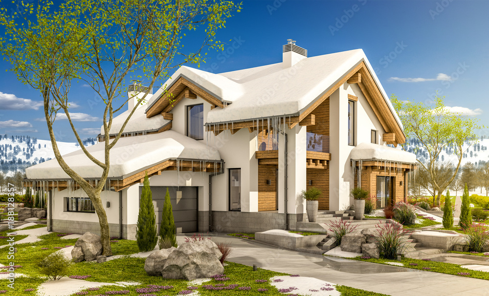 3d rendering of spring modern cozy house in chalet style