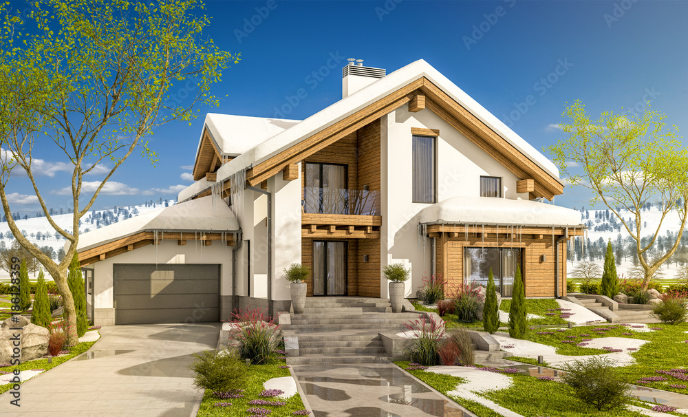 3d rendering of spring modern cozy house in chalet style 3d rendering of spring modern cozy house in chalet style
