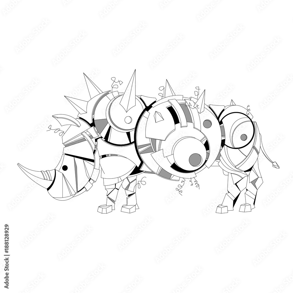 Obraz premium Vector illustration of creative hand drawn steampunk graphic stencil rhinoceros, zentangle, coloring book, mehcanical animal