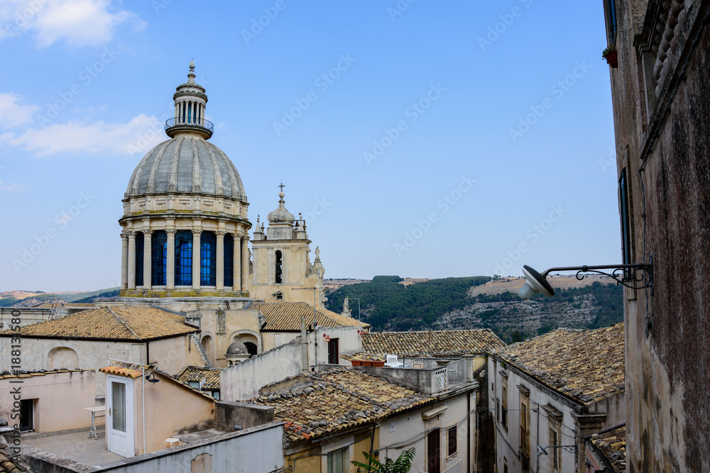 view of the baroque town and St. George's Cathedral dome , Ragusa Ibla