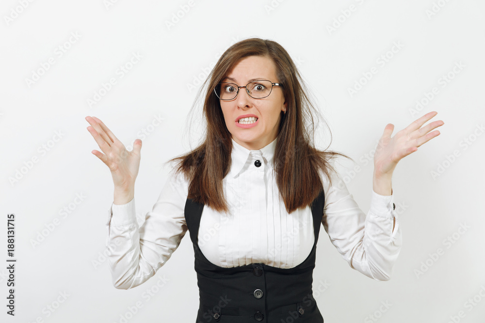 Shocked stress angry caucasian young brown-hair business woman in black suit, white shirt and glasses spreading hands isolated on white background. Manager or worker. Copy space for advertisement. Shocked stress angry caucasian young brown-hair business woman in black suit, white shirt and glasses spreading hands isolated on white background. Manager or worker. Copy space for advertisement.