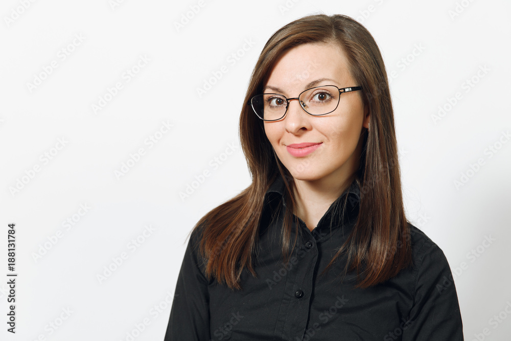 Beautiful happy caucasian young smiling brown-hair business woman in black classic shirt and glasses isolated on white background close up. Manager, worker, student. Copy space for advertisement. Beautiful happy caucasian young smiling brown-hair business woman in black classic shirt and glasses isolated on white background close up. Manager, worker, student. Copy space for advertisement.