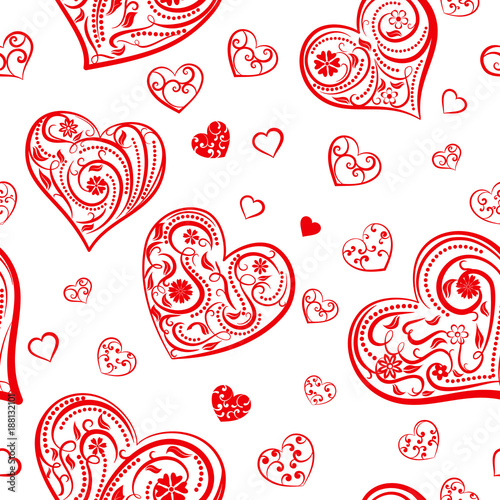 Seamless pattern of big and small hearts with ornament of curls, flowers and leaves, red on white