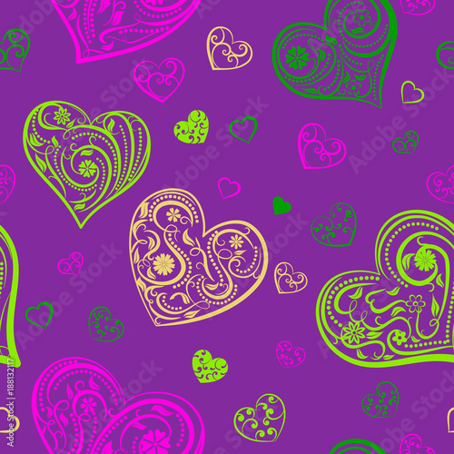 Seamless pattern of big and small hearts with ornament of curls, flowers and leaves, multicolored on purple