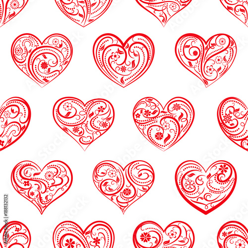 Seamless pattern of big hearts with ornament of curls, flowers and leaves, red on white