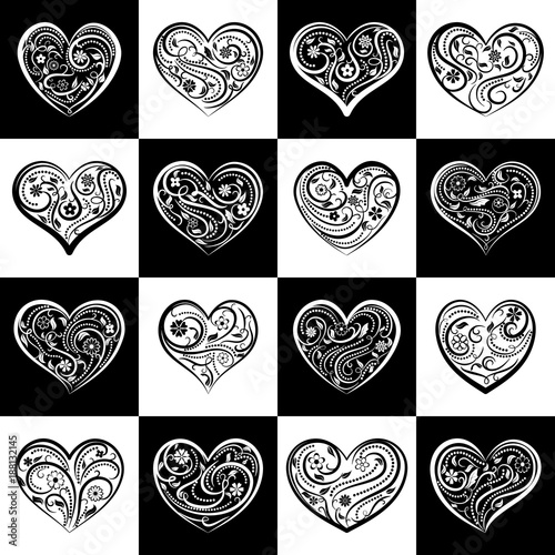 Background or seamless pattern of hearts with ornament of curls, flowers and leaves, on black and white squares