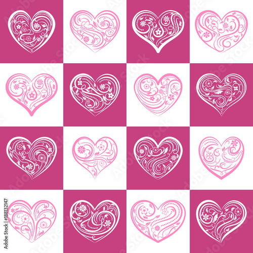 Background or seamless pattern of hearts with ornament of curls, flowers and leaves, on pink and white squares