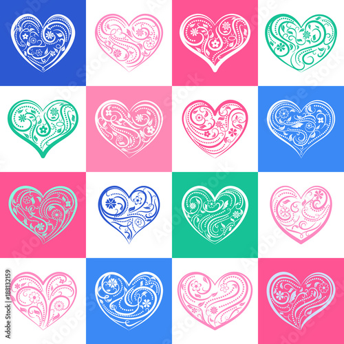 Background or seamless pattern of hearts with ornament of curls, flowers and leaves, on colored and white squares