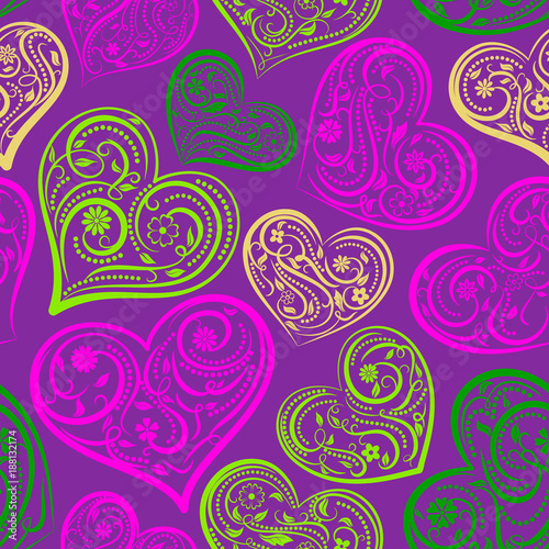 Seamless pattern of big hearts with ornament of curls, flowers and leaves, colored on purple