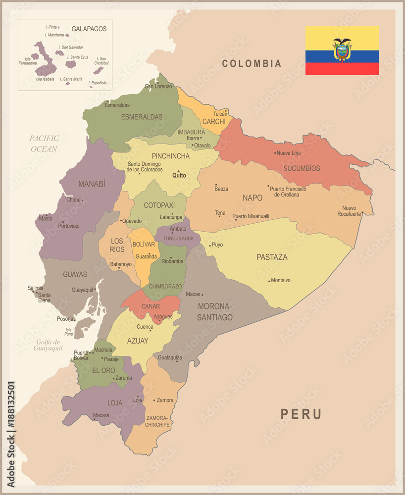 Ecuador - vintage map and flag - Detailed Vector Illustration