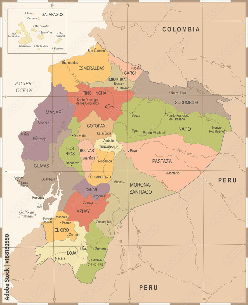 Obraz premium Ecuador Map - Vintage Detailed Vector Illustration