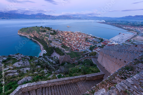Nafplio old city and bay, from the monumental staircase of Palamidi fortress, in Peloponnese, Greece.