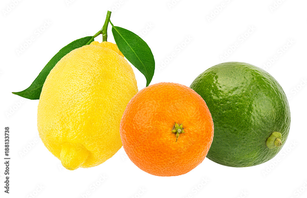 Fresh citrus set mandarin orange, limon, lime isolated on white background with clipping path