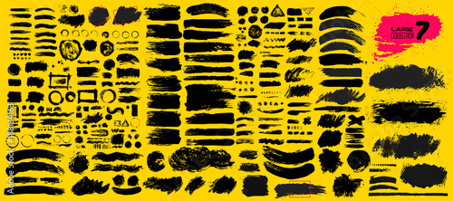 Big collection of black paint  ink brush strokes  brushes  lines  grungy. Dirty artistic design elements  boxes  frames. Vector illustration. Isolated on yellow background. Freehand drawing