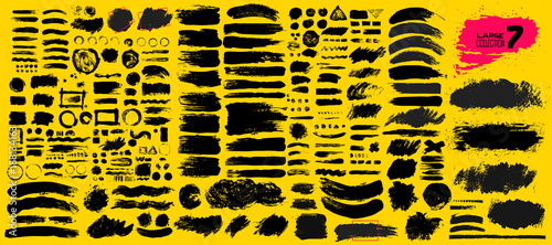 Big collection of black paint, ink brush strokes, brushes, lines, grungy. Dirty artistic design elements, boxes, frames. Vector illustration. Isolated on yellow background. Freehand drawing