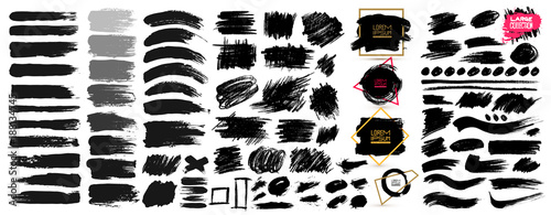 Large set of black paint, ink brush strokes, brushes, lines, grungy. Dirty artistic design elements, boxes, frames. Vector illustration. Isolated on white background. Freehand drawing