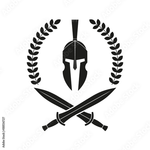 Spartan helmet, swords. Logo. Vector. Isolated.