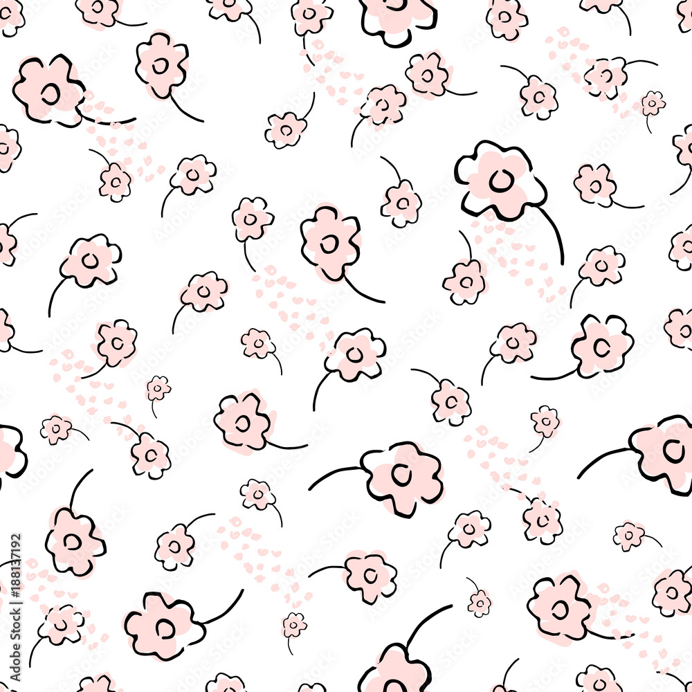 Cute Floral Seamless Pattern with hand drawn doodle flowers and leaves. Delicate romantic background for wallpaper, textile, wrapping paper, invitation cards, nursery, apparel. Vector Cute Floral Seamless Pattern with hand drawn doodle flowers and leaves. Delicate romantic background for wallpaper, textile, wrapping paper, invitation cards, nursery, apparel. Vector