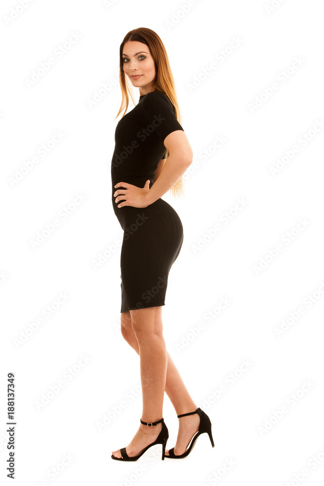 young business woman in black dress isolated over white background full length photography