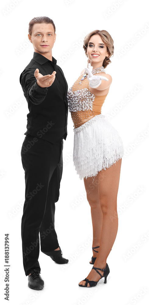 Obraz premium Couple of young dancers on white background