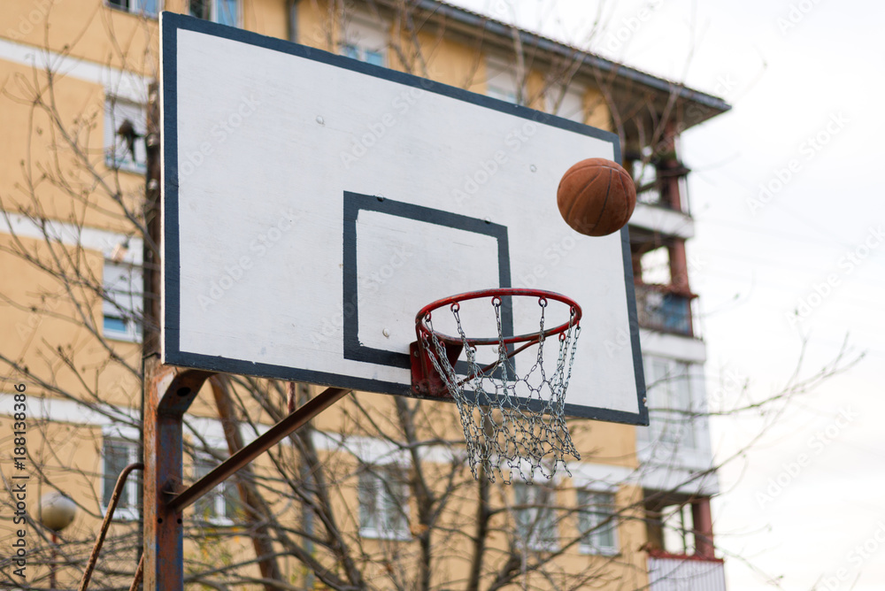 Basketball game, hoop and ball