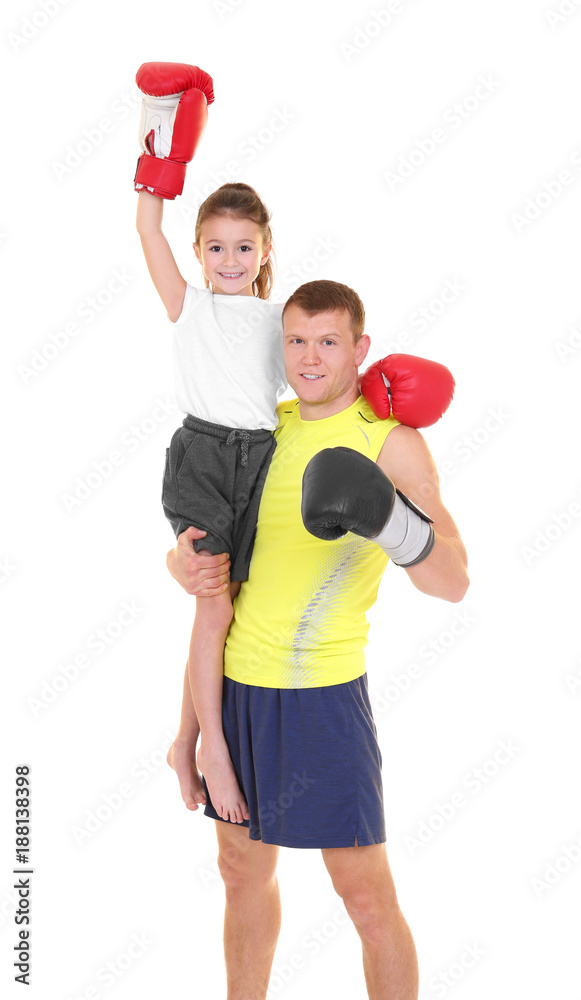 Cute little girl with boxing coach on white background Cute little girl with boxing coach on white background