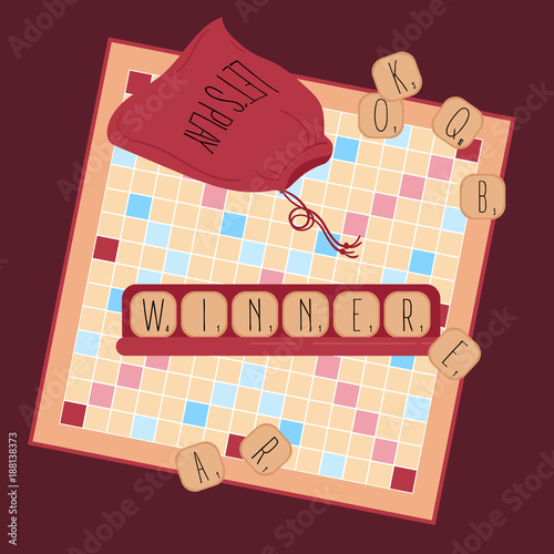 Board table wooden game for kids and adult. Making words from tile letters. Entertatinment for everybody. Toy for erudition. Vector illustration