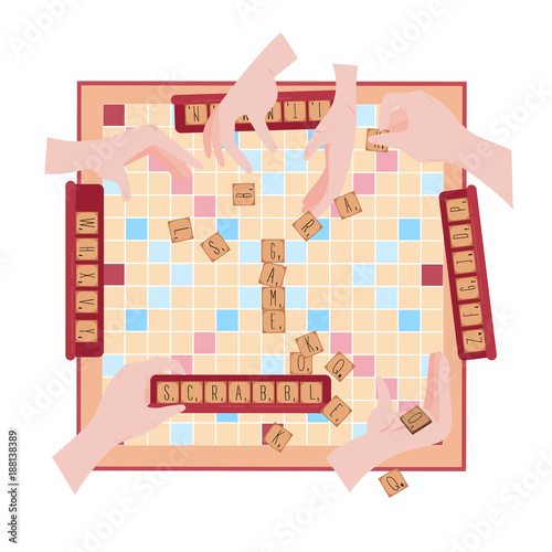 Board table wooden game for kids and adult. Making words from tile letters. Many hands with elements. Entertatinment for everybody. Toy for erudition. Vector illustration on white background