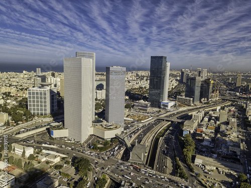 sky line of Tel Aviv towers and aerial Azrieli, sarona, israel
