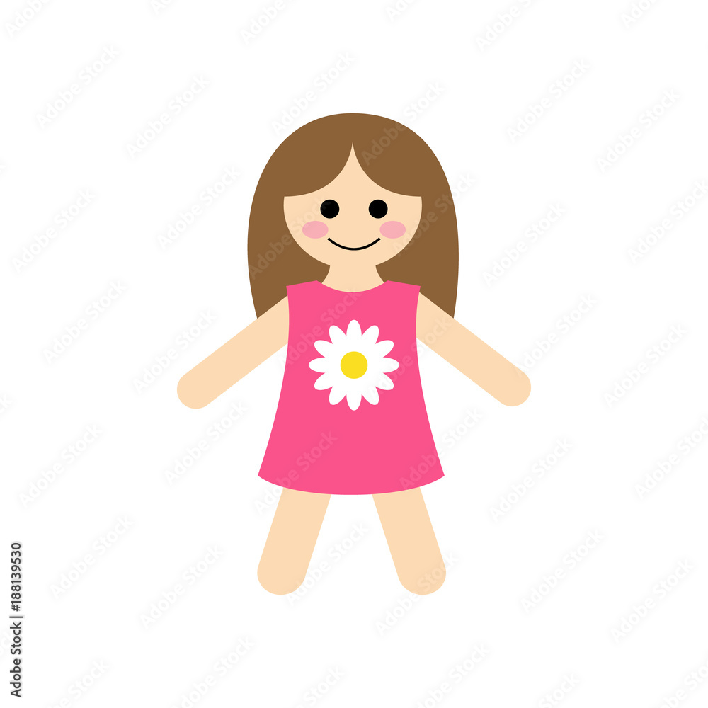 Cute baby rag doll vector illustration graphic. Girl's toy, happy doll in pink dress with daisy. Cute baby rag doll vector illustration graphic. Girl's toy, happy doll in pink dress with daisy.