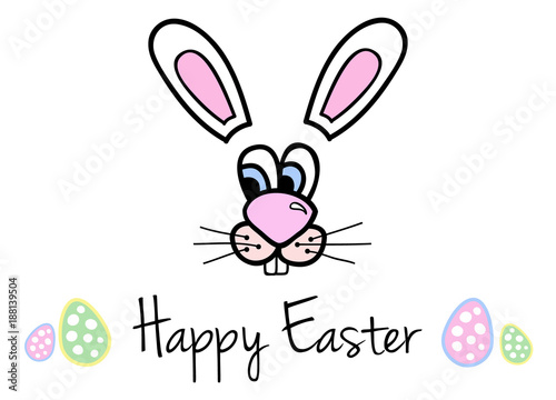 Happy Easter vector illustration with easter bunny, easter eggs and writing, doodle drawing with easter motive for cards, greetings or posters