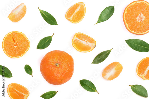 orange or tangerine with mint leaves isolated on white background. Flat lay, top view. Fruit composition