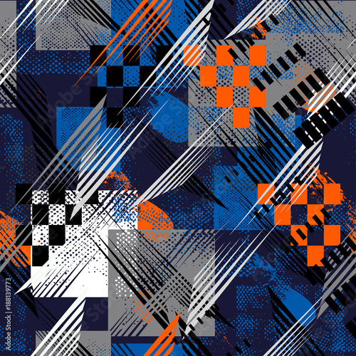 Abstract seamless sport pattern for girls, boys, clothes. Creative sport vector background with dots, geometric figures,stripes Funny sport pattern for textile and fabric. Fashion pattern style.