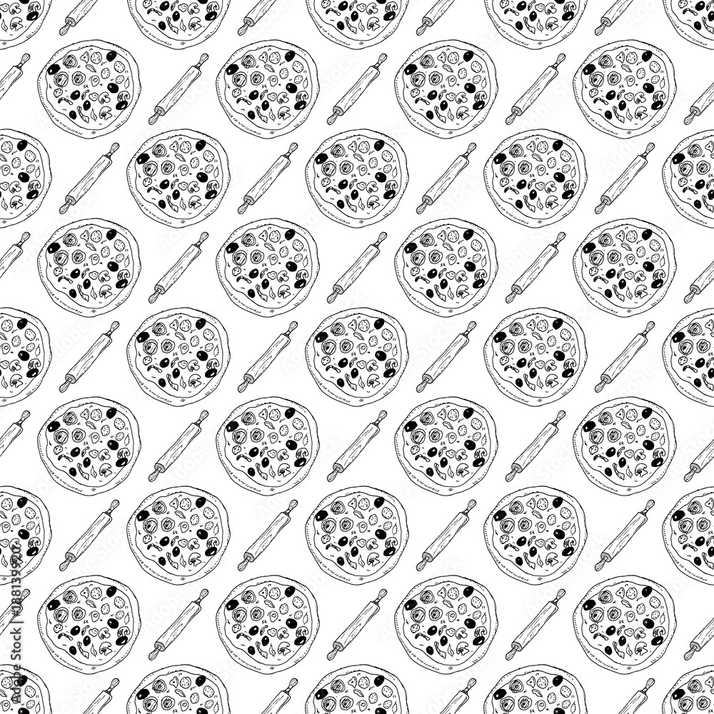 Pizza seamless pattern hand drawn sketch. Pizza doodles and rolling pin, Food background. Vector illustration Pizza seamless pattern hand drawn sketch. Pizza doodles and rolling pin, Food background. Vector illustration