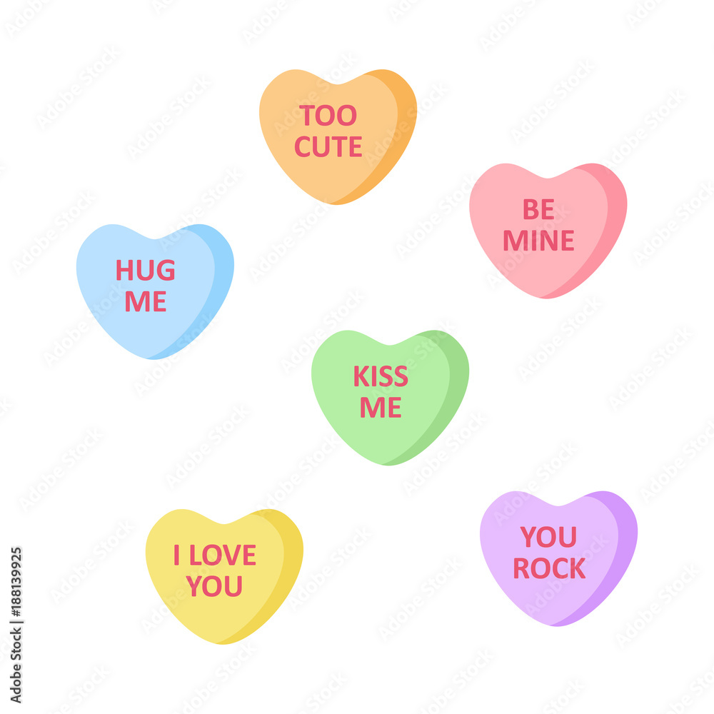 Cute heart shaped candies with love writings. Set of sweet sugar candy vector graphic icons.